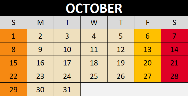 October 2023 calendar at Harvest Moon Acres (Gobles, MI)