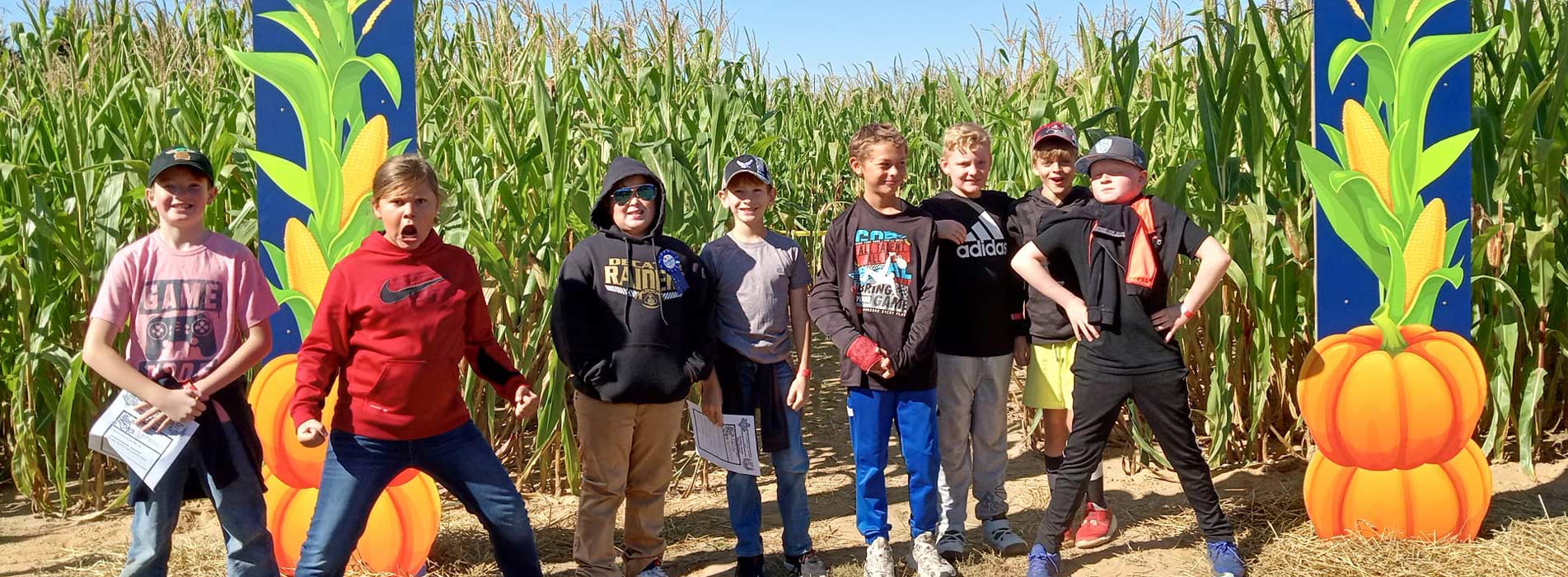 Boys at birthday party by the giant corn maze at Harvest Moon Acres (Gobles, MI)